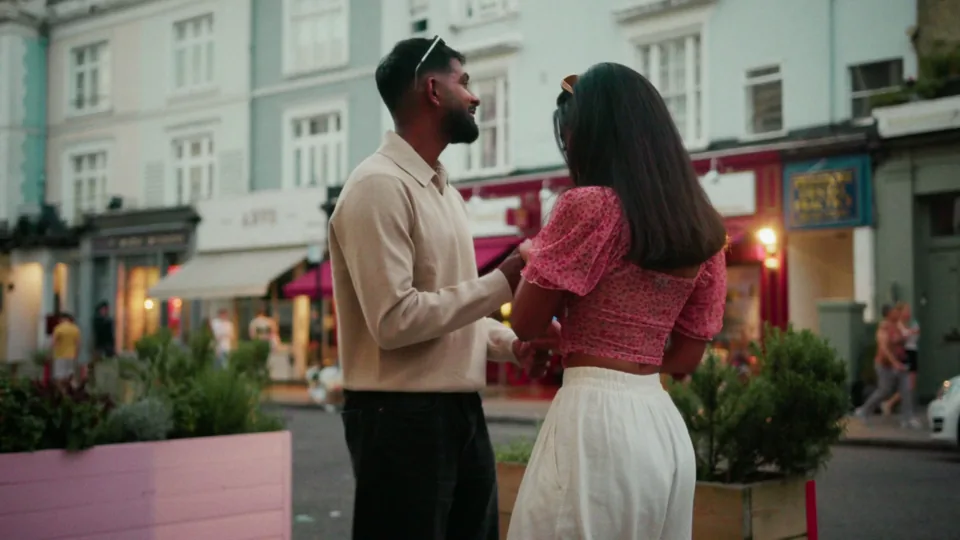 The couple dancing outside a café in Notting Hill at golden hour — FaceTime music video